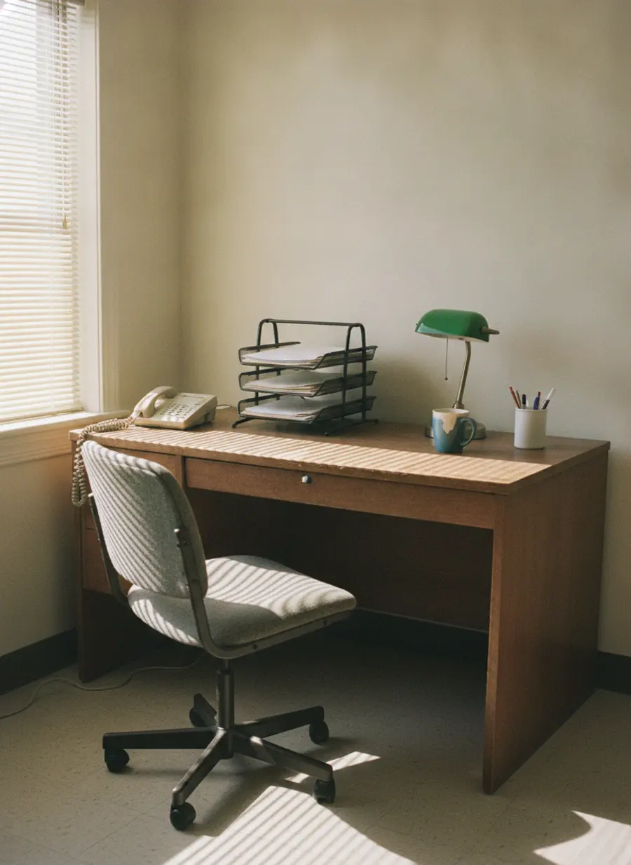 A small back office before sunrise: a desk lamp lit over a corded telephone and a tray of paperwork, the chair empty.