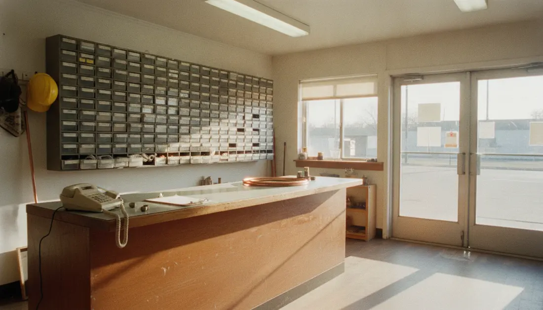 The front counter of a small plumbing contractor on a bright morning: a corded telephone, a wall of parts drawers, nobody behind the counter.