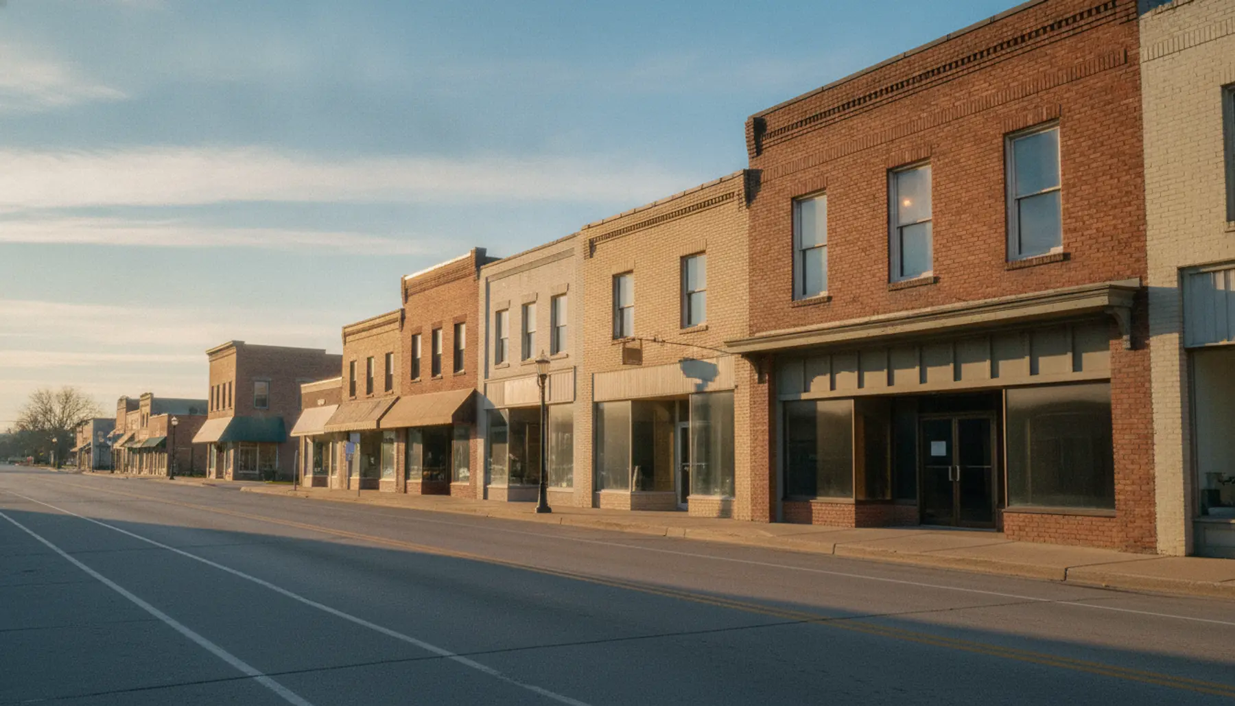 A small-town main street before sunrise, closed and quiet, with one upstairs window lit warm from inside.